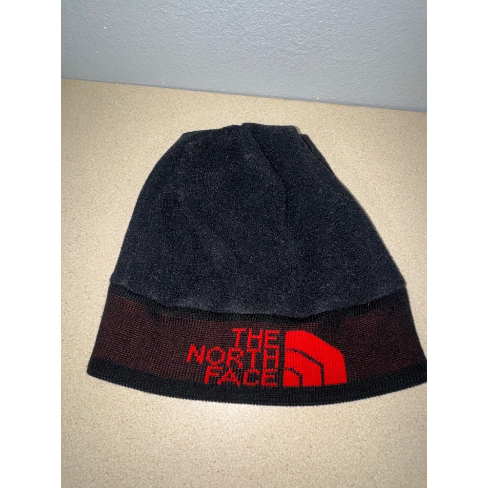 The North Face Beanie Hat Black Red Logo Fleece Lined Winter Knit Skull Cap Mens